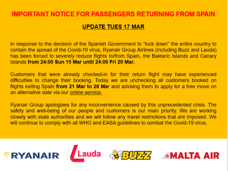 IMPORTANT NOTICE FOR PASSENGERS RETURNING FROM SPAIN – Ryanair's ...