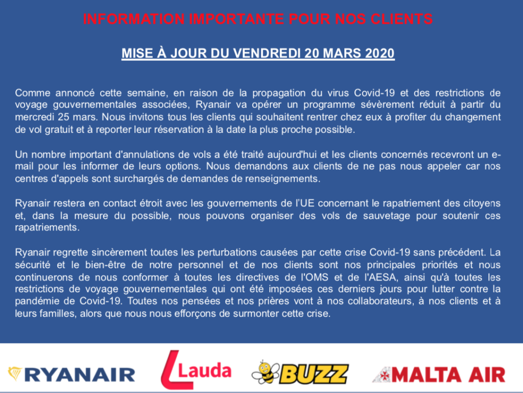 Information Importante Pour Nos Clients Mise A Jour Du Vendredi Mars Ryanair S Corporate Website